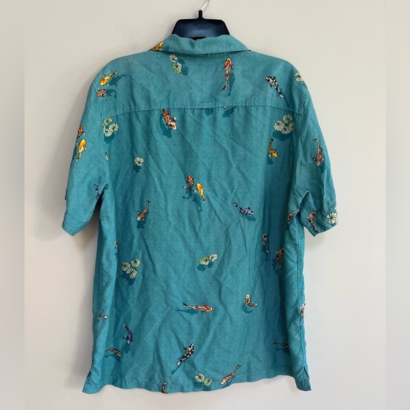 TORI RICHARD Koi Fish and Lily Pad Silk Camp Shirt Blend in Teal Blue, size M - Picture 2 of 8